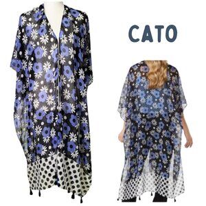 CATO Black Blue & White Floral Daisy Polka Dot Kimono - New With Tags Women's OS